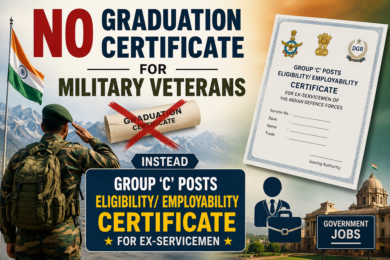 No Graduation Certificate for Military Veterans : Instead Group ‘C’ Posts Eligibility/ Employability Certificate for Ex-Servicemen
