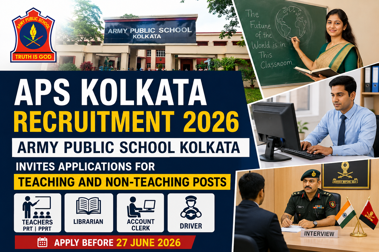 APS Kolkata Recruitment 2026: Army Public School Kolkata Invites Applications for Teaching and Non-Teaching Posts | Apply Before 27 June
