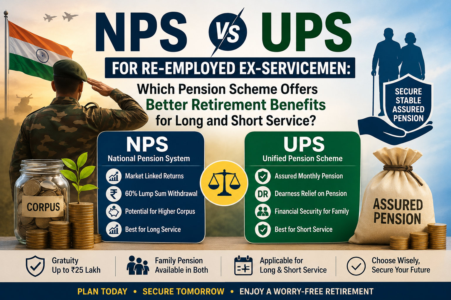 NPS vs UPS for re-employed ex-servicemen: Compare pension, lump sum benefits, gratuity, family pension, and retirement income after 20 years of civil service. Find out which option is better in 2026.