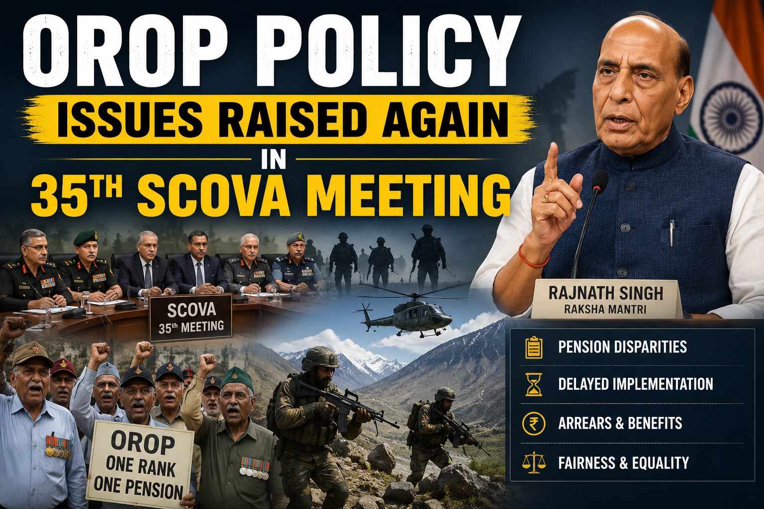 OROP Policy Issues Raised Again in 35th SCOVA Meeting. Us appropriate images of soldiers, officers , Defence Minister rajnath Singh, Soldiers at risky operations