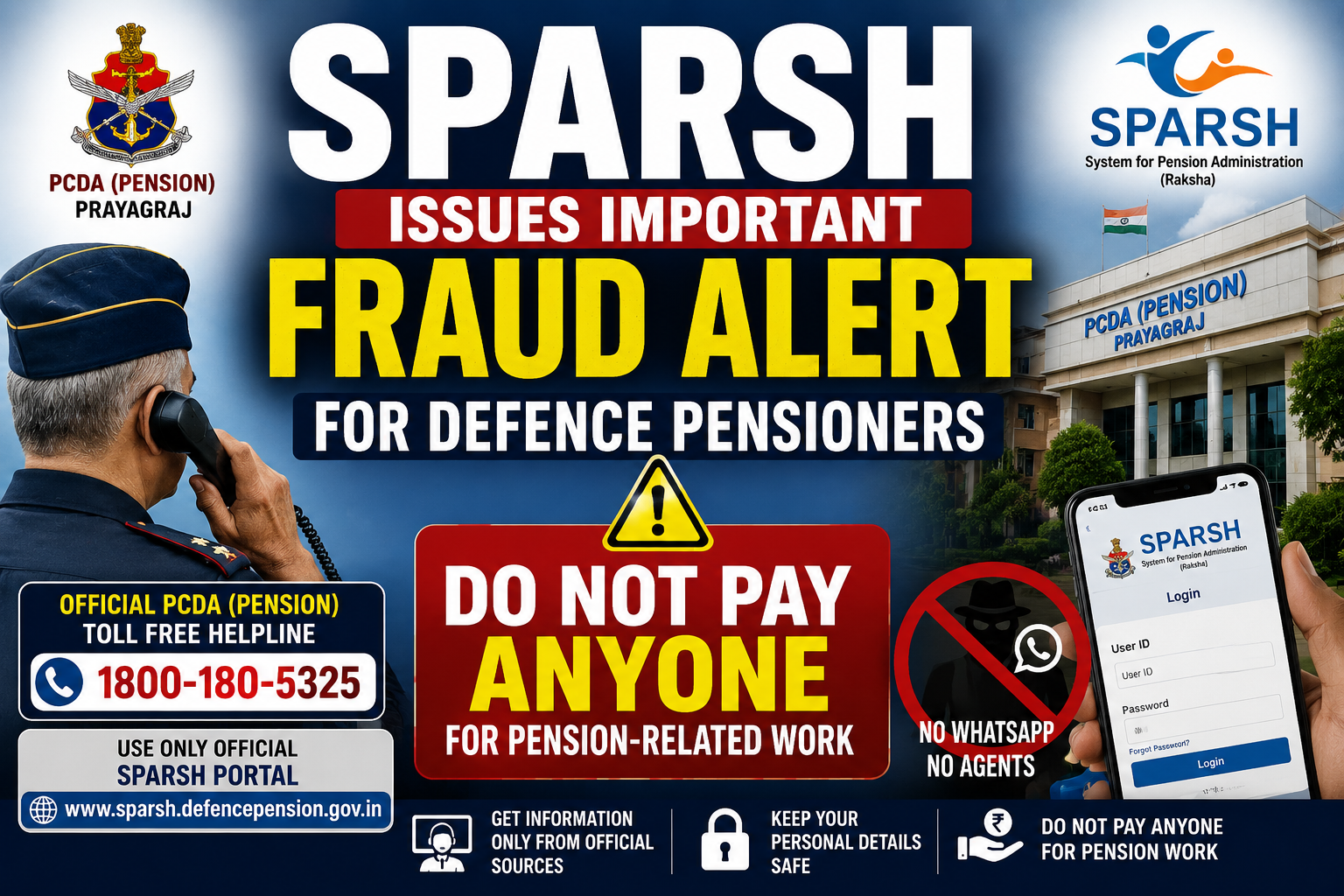 SPARSH Issues Important Fraud Alert for Defence Pensioners: Do Not Pay Anyone for Pension-Related Work