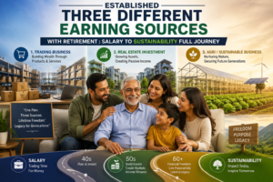 generat feature image on - Established Three Different Earning Sources With Retirement : Salary to Sustainability Full Journey. use image of different three different sector of business and one man of aged 60 years about with happy family