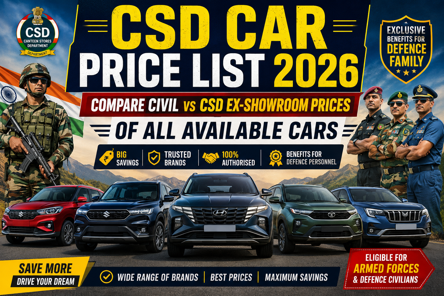CSD Car Price List 2026: Compare Civil vs CSD Ex-Showroom Prices of All Available Cars | Maruti, Hyundai, Tata, Mahindra, Toyota, Kia & More