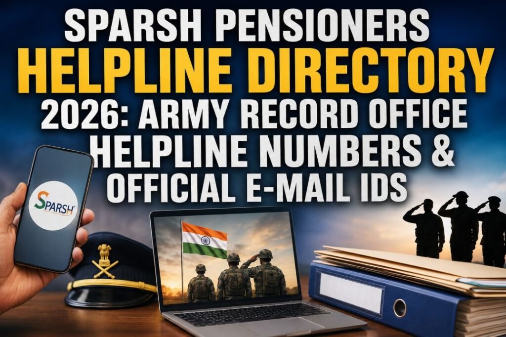 SPARSH Pensioners Helpline Directory 2026 showing Army Record Office helpline numbers, official email IDs and SPARSH toll-free contact details for Ex-Servicemen.