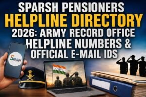 SPARSH Pensioners Helpline Directory 2026 showing Army Record Office helpline numbers, official email IDs and SPARSH toll-free contact details for Ex-Servicemen.