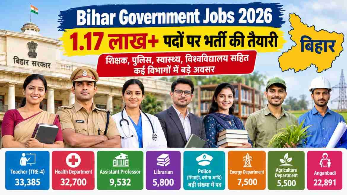 Bihar Government Jobs 2026: अगले तीन महीनों में 1.17 लाख से अधिक पदों पर भर्ती की तैयारी, शिक्षक, स्वास्थ्य, पुलिस और विश्वविद्यालयों में बड़े अवसर