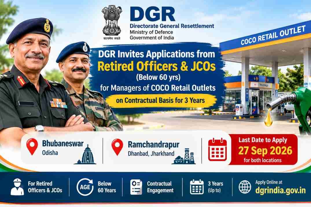 DGR COCO Retail Outlet Manager Recruitment 2026: Retired Officers & JCOs Below 60 Can Apply for 3-Year Contract