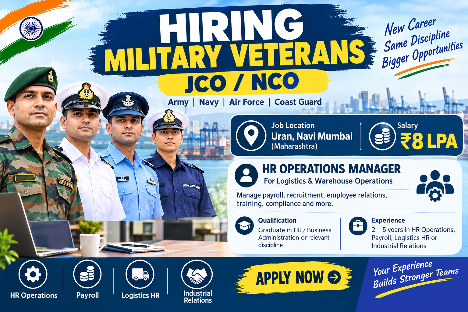 Military Veteran Job in Uran, Navi Mumbai: HR Operations Manager for JCO/NCO – Salary ₹8 LPA